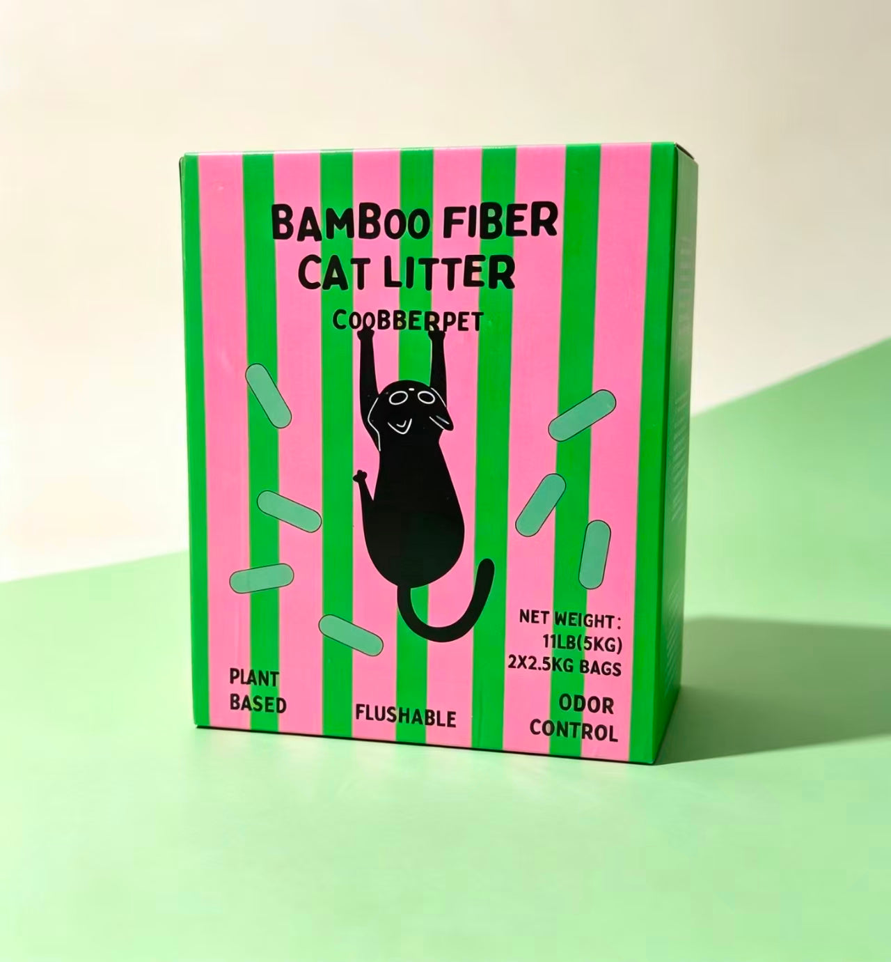 Front of the pink and green Coobberpet bamboo fiber cat litter box