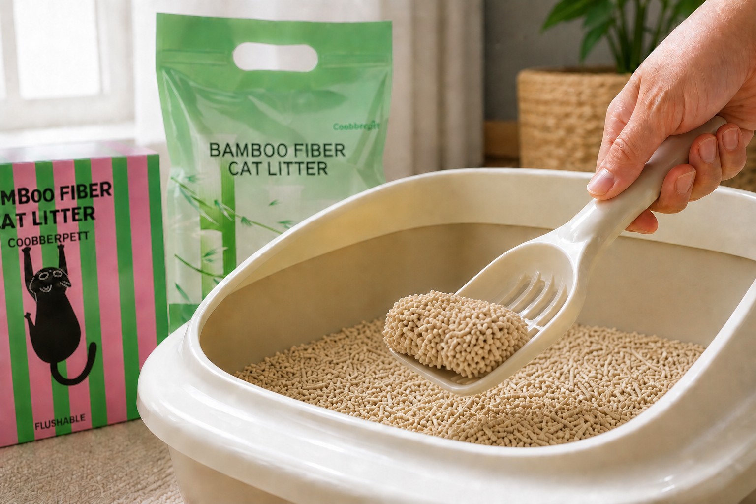Warm light-beige bamboo litter and an irregular formed clump on a scoop