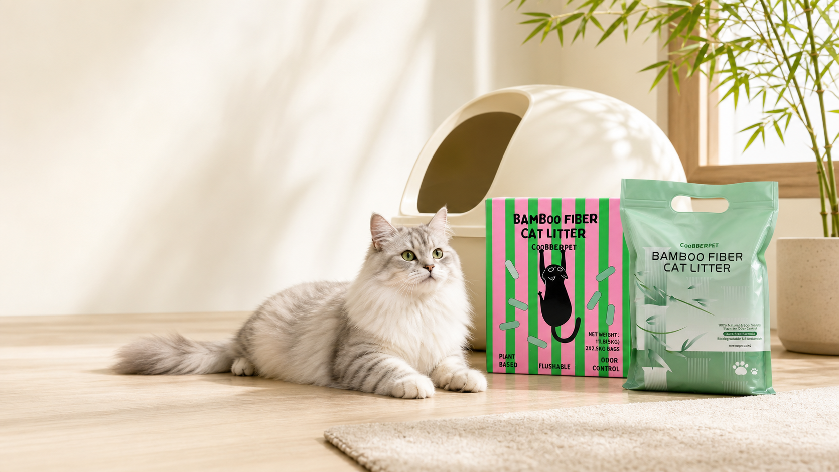 Cat beside the Coobberpet bamboo fiber cat litter box and inner bag