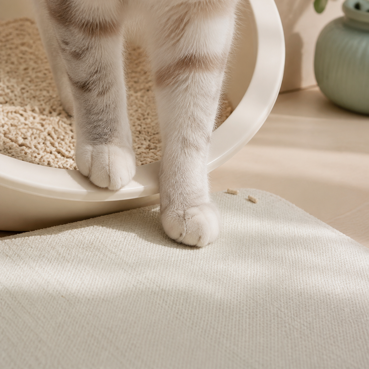 Cat stepping from warm light-beige bamboo litter onto a clean mat
