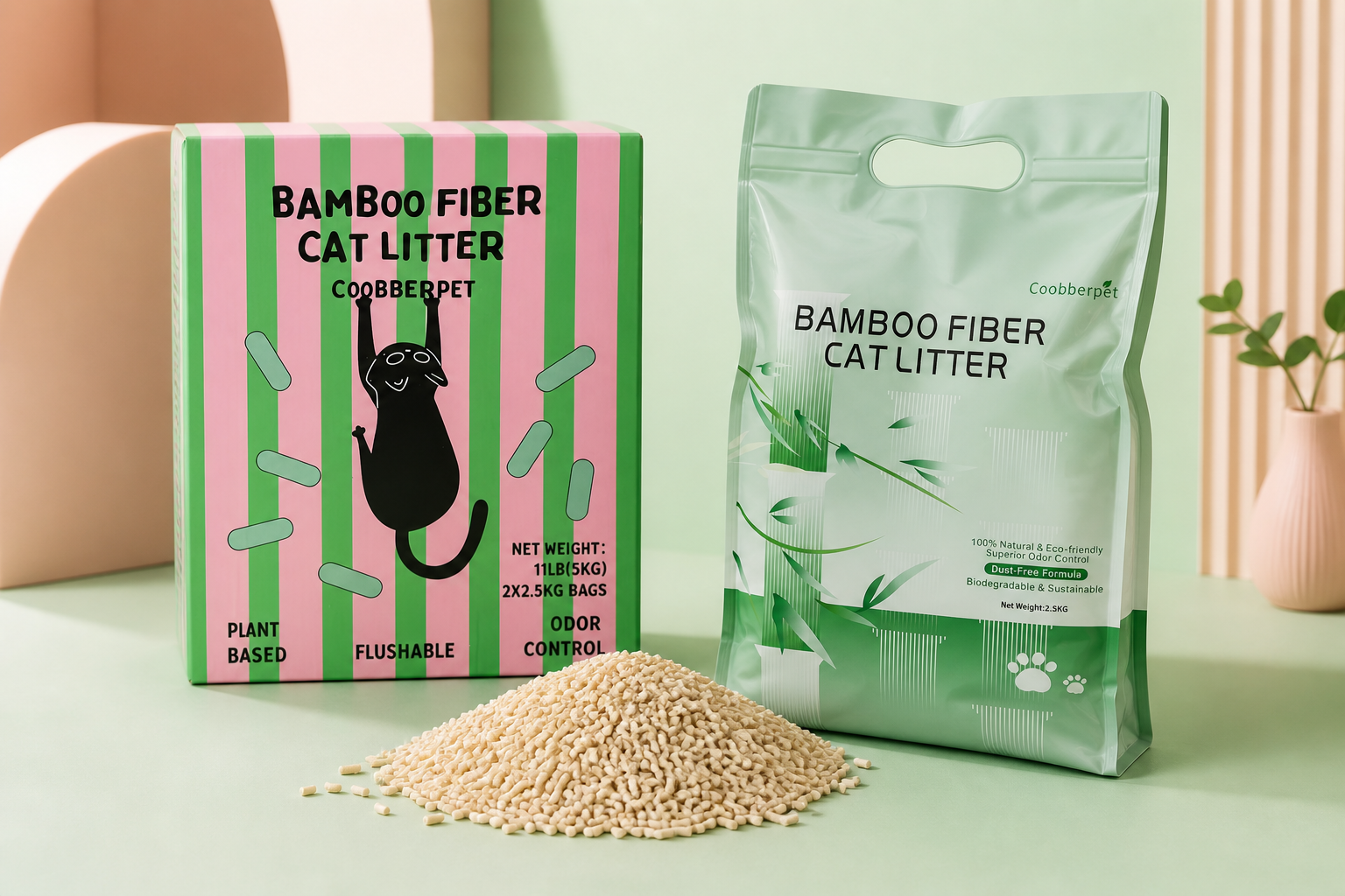 Front-facing Coobberpet bamboo cat litter box and inner bag with warm light-beige pellets