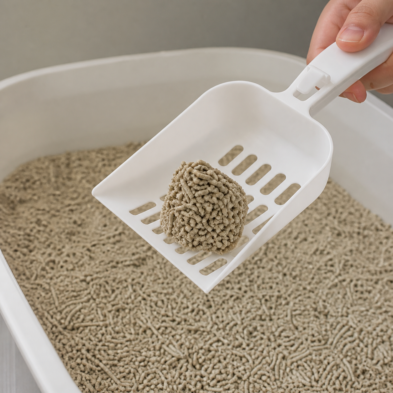 Firm inverted-cone bamboo litter clump on a white scoop