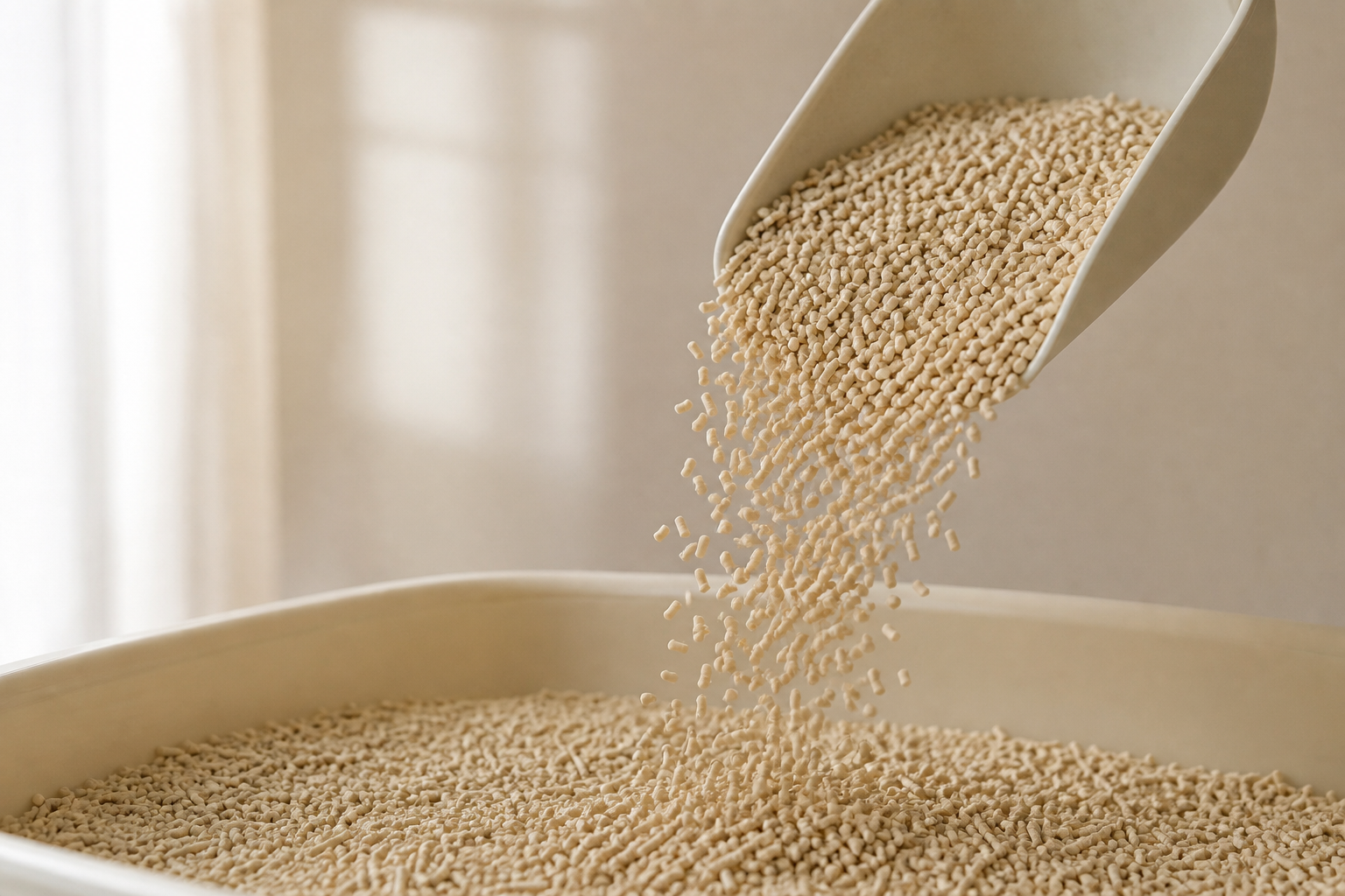 Warm light-beige bamboo litter pellets pouring cleanly into a litter box