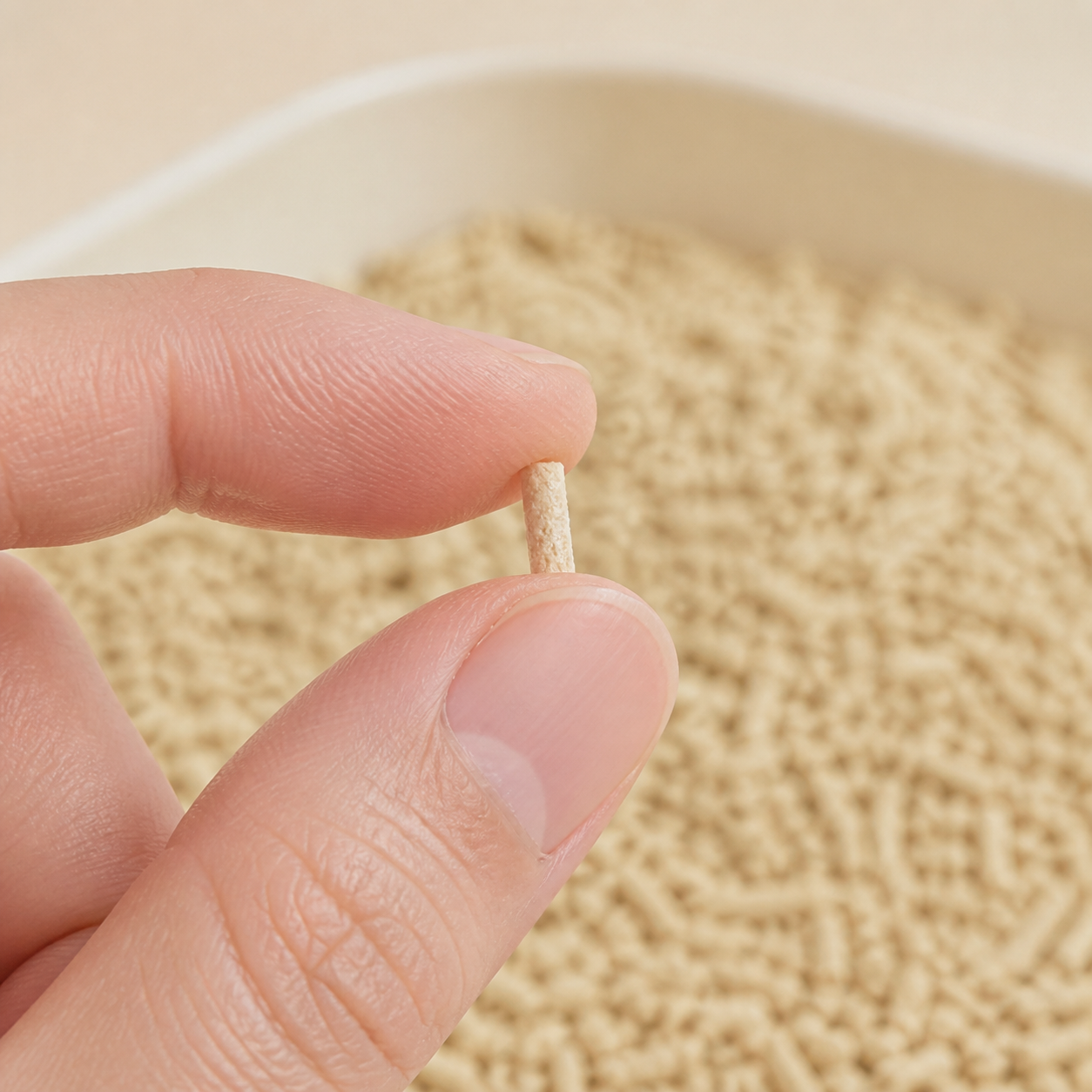 One short warm light-beige bamboo litter pellet held between two fingers