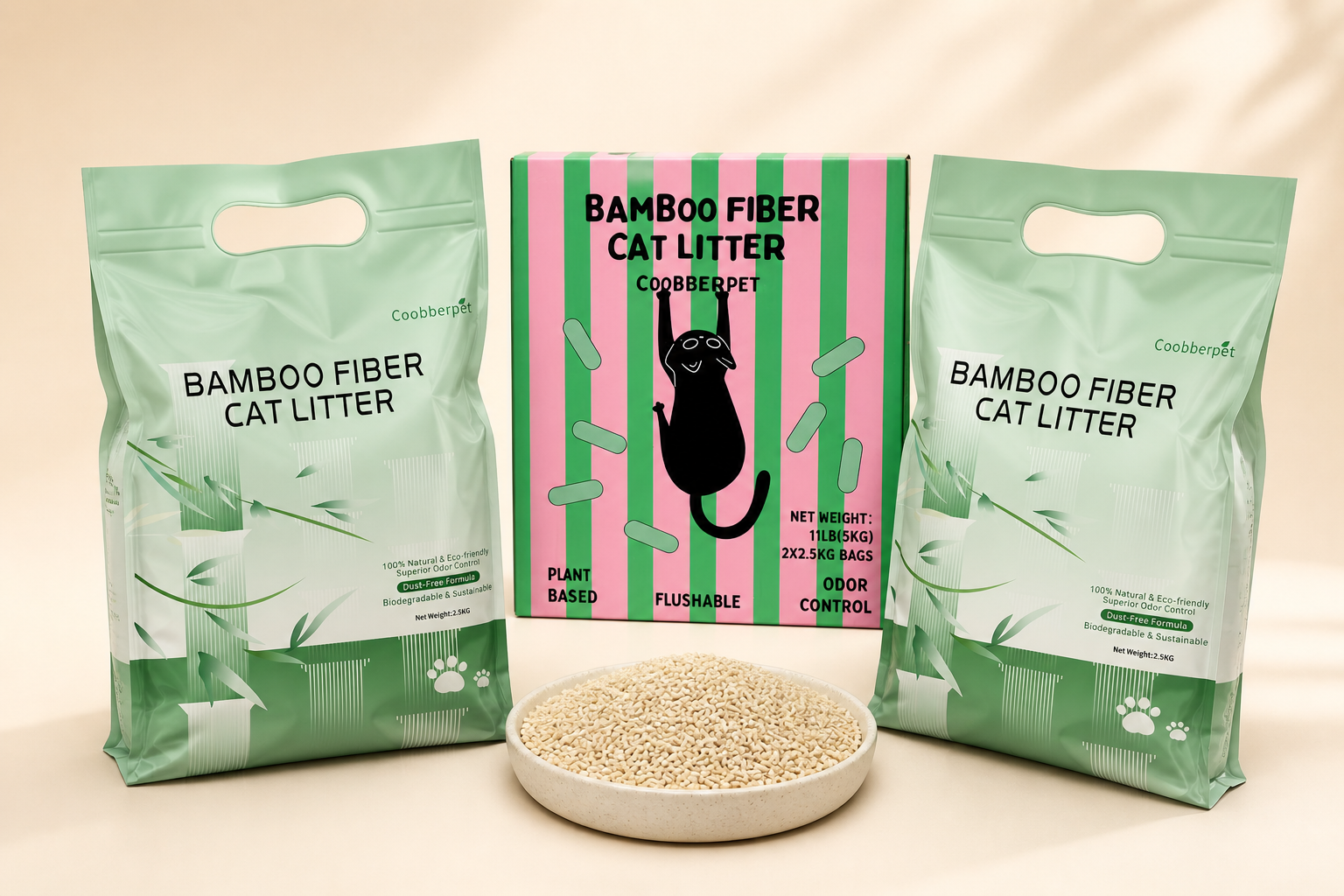 Front-facing Coobberpet box and two inner bags with a dish of warm light-beige bamboo litter